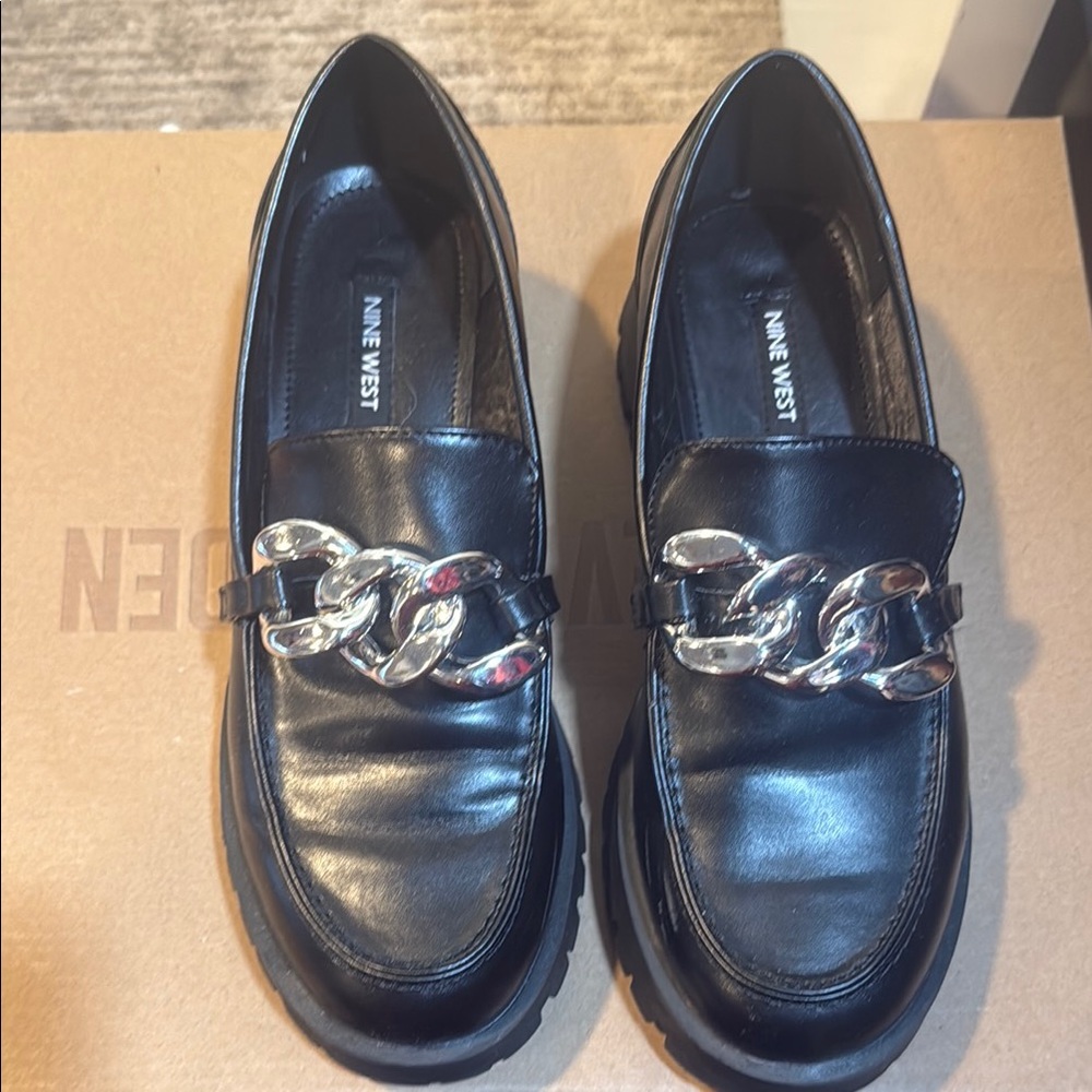 Nine West Black Loafers with Silver Chain